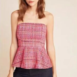 NWT Maeve Anthropologie Pink Strapless Tweed Peplum Top Sz XL